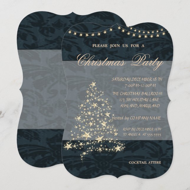 Convite Árvore de Natal Elegante, Damasco, Festa de Natal (Frente/Verso)