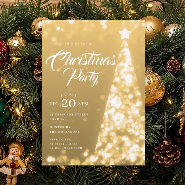 Convite Árvore de Natal Elegante de Ouro Festa de Natal (Elegant Gold Winter Christmas Tree Holiday Party Invitation)