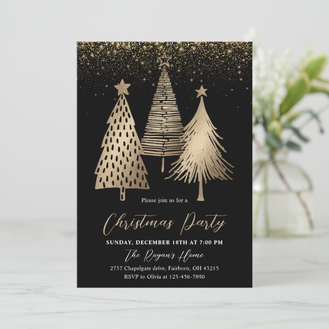 Convite Árvore de Natal Elegante Dourada com Brilho de Nev (Em pé/Frente)