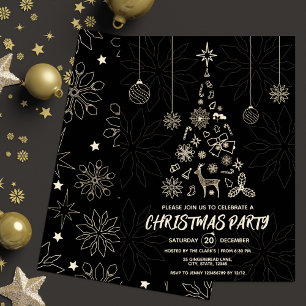 Convite Árvore de Natal Elegante Dourada e Preta Moderna