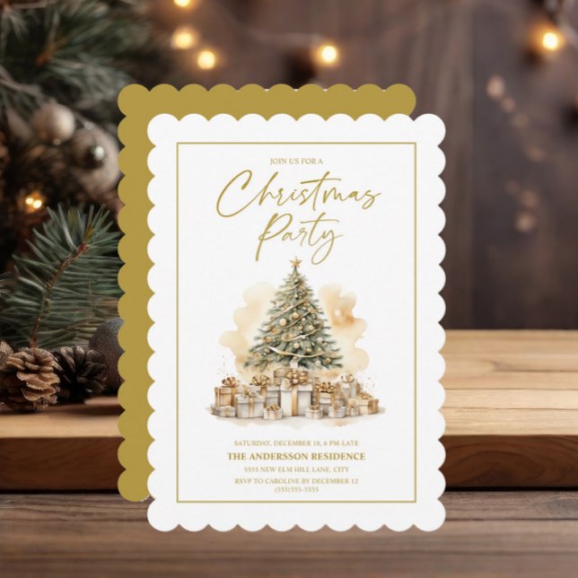 Convite Árvore de Natal Elegante Dourado Branco Presentes  (Gold Christmas tree party invitation)