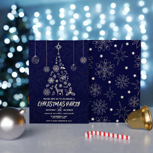 Convite Árvore de Natal Elegante e Azul Escuro Simples e D