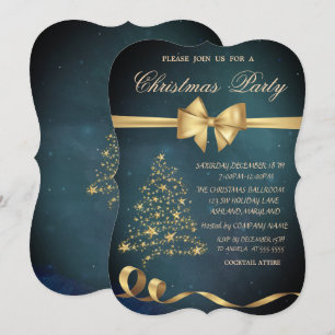 Convite Árvore de Natal Elegante em Ouro Estrelas Arco de