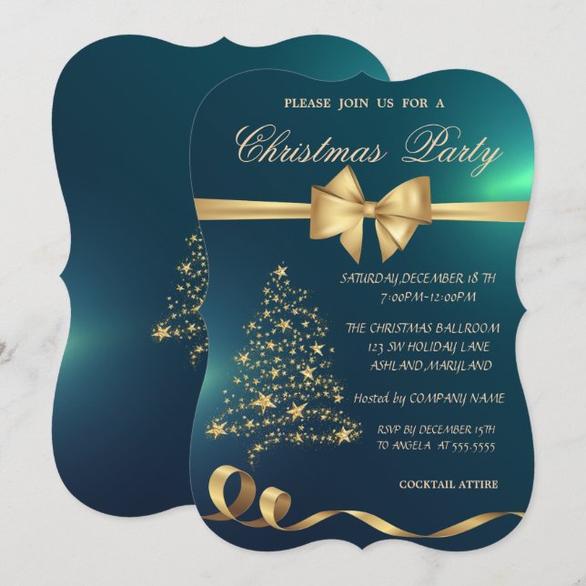 Convite Árvore de Natal Elegante, Laço, Festa de Natal Ver (Frente/Verso)