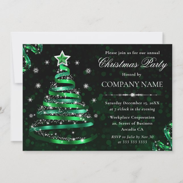 Convite Árvore de Natal Elegante Verde e Prateada Brilhant (Frente)
