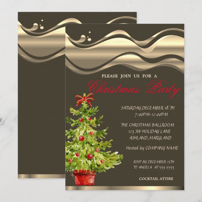 Convite Árvore de Natal em Aquarela, Festa de Natal (Frente/Verso)