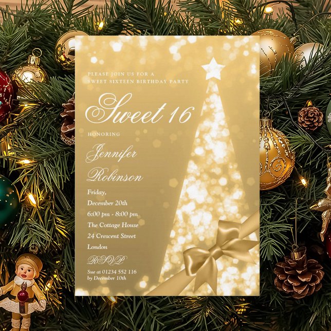 Convite Árvore de Natal em Dourado Moderno Arco de Festa d (Modern Gold Xmas Tree Bow Sweet 16 Birthday Party Invitation)