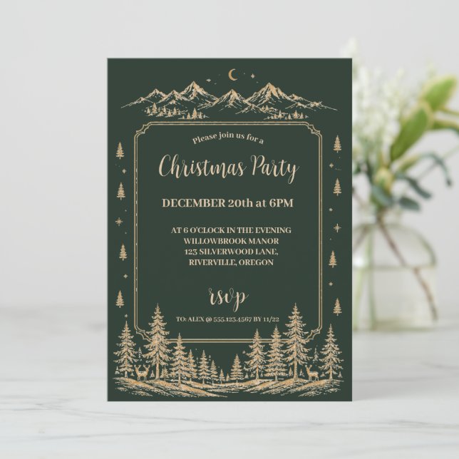 Convite Árvore de Natal Encantada a Ouro em Bosque (Em pé/Frente)