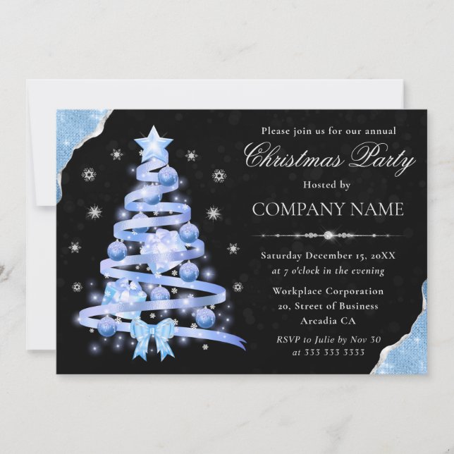 Convite Árvore de Natal Festa de Natal com Fita Azul Claro (Frente)