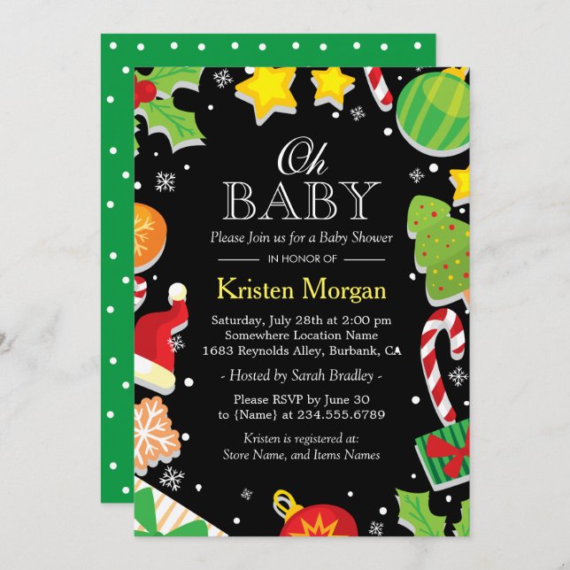 Convite Árvore de Natal Holly Berries Chá de fraldas (Frente/Verso)