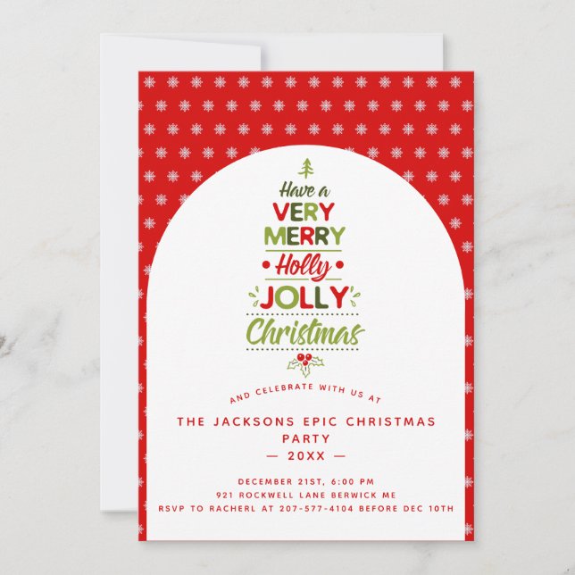 Convite Árvore de Natal Holly Jolly Muito Alegre com Texto (Frente)