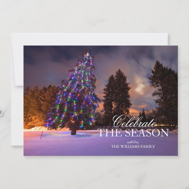 Convite Árvore de Natal Nevada com Luzes ao Crepúsculo (Frente)