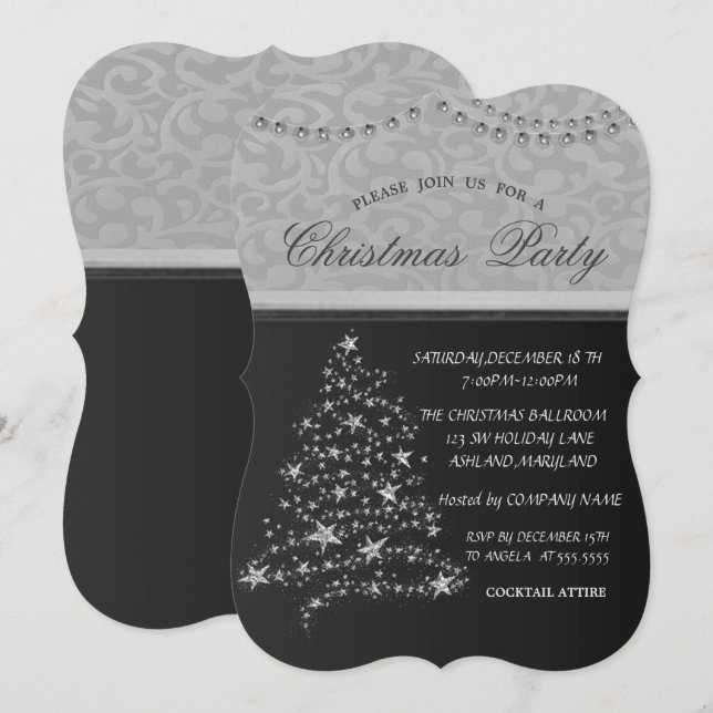 Convite Árvore de Natal Prateada Elegante,Festa de Natal (Frente/Verso)