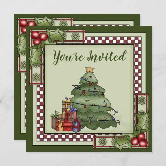 Convite Árvore de Natal, presentes e festa de férias de Ho (Frente/Verso)