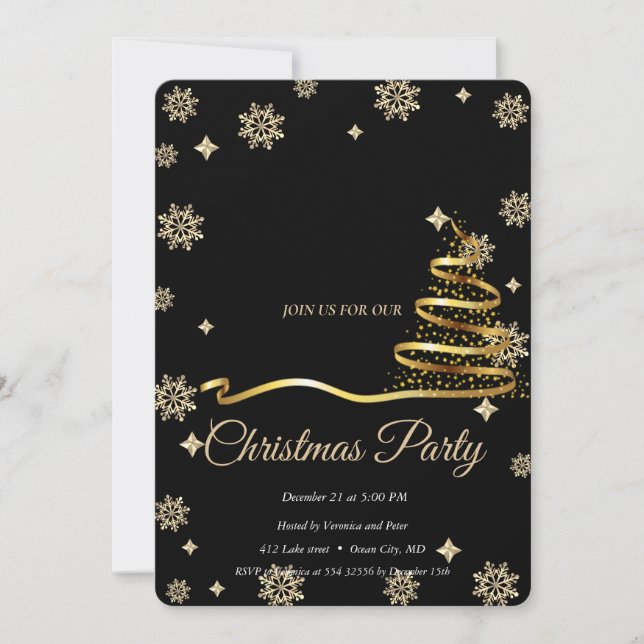 Convite Árvore de Natal Preta -Dourada Elegante (Frente)