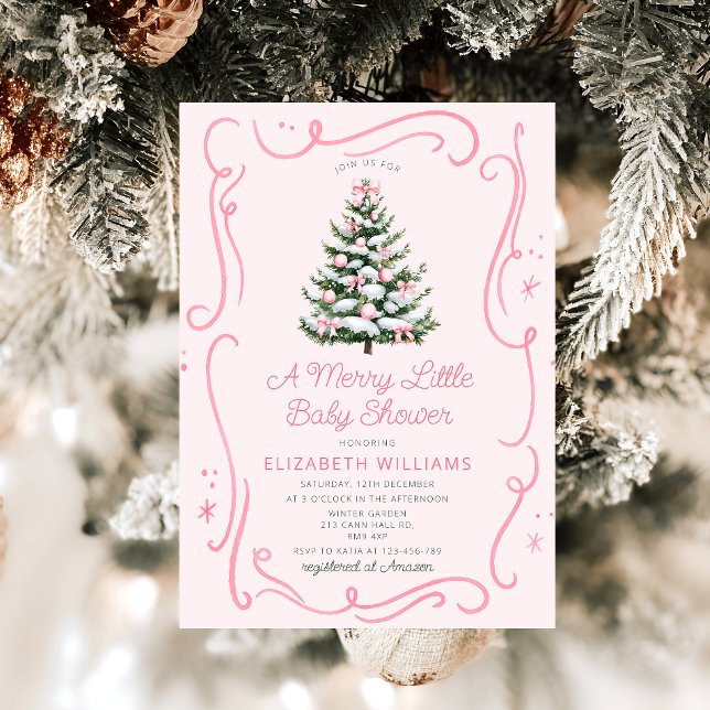 Convite Árvore de Natal Rosa Um Chuveiro de Bebê Feliz (Criador carregado)