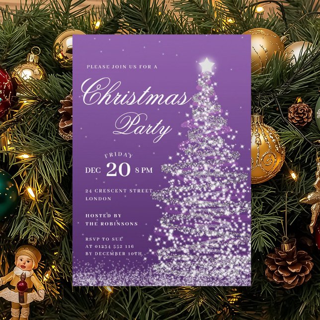 Convite Árvore de Natal roxa Festa de Natal de Inverno  (Purple Winter Christmas Tree Holiday Party Invitation)