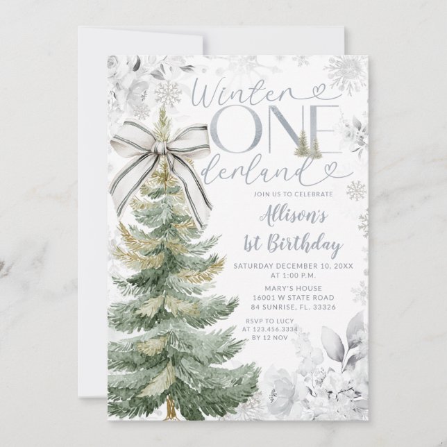 Convite Árvore de Natal Silver Winter ONEderland Aniversár (Frente)