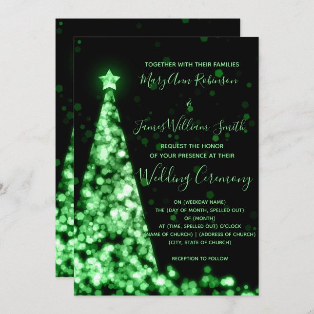 Convite Árvore de Natal Verde Elegante Casamento de Férias (Frente/Verso)