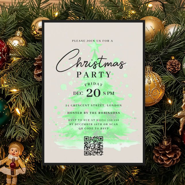 Convite Árvore de Natal Verde QR Festa de Natal (QR Green Christmas Tree Christmas Party Invitation)