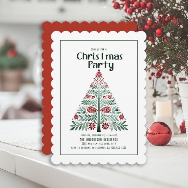 Convite Árvore de Natal Verde Vermelha Festa Escalonada (Red and green Scandinavian tree Christmas party invitation)