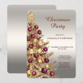 Convite Árvore de Natal Vermelha Burgundy Dourada Festa de