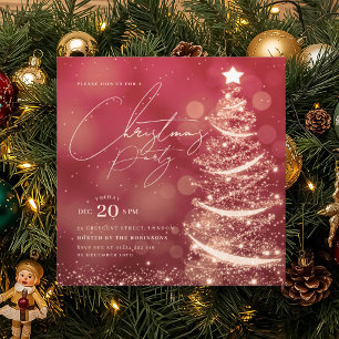 Convite Árvore de Natal Vermelha Dourada Elegante para Fes