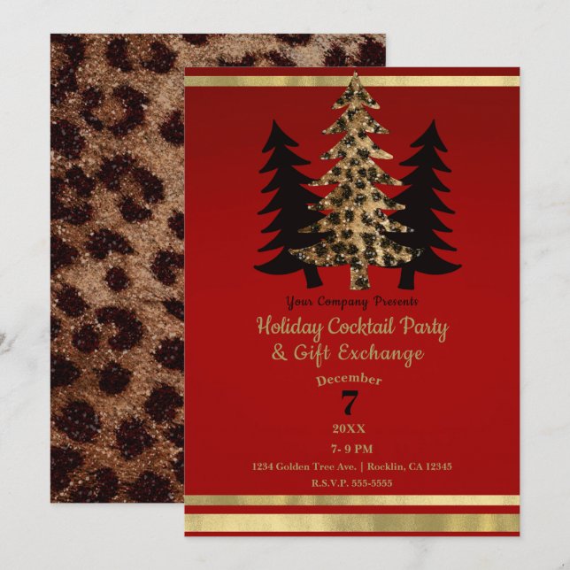 Convite Árvore de Natal Vermelha Dourada Leopardo Glam Fes (Frente/Verso)