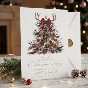Convite Árvore de Natal Vermelha e Dourada Elegante Cervo