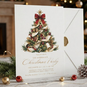 Convite Árvore de Natal Vermelha e Dourada Elegante de Inv
