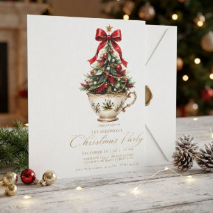 Convite Árvore de Natal Vermelha e Dourada Elegante de Inv