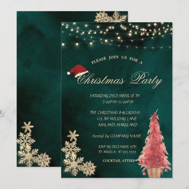 Convite Árvore de Natal Vermelha, Festa de Natal com Floco (Frente/Verso)