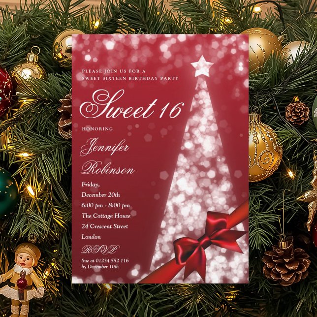 Convite Árvore de Natal Vermelha Moderna com Laço para Fes (Modern Red Xmas Tree Bow Sweet 16 Birthday Party Invitation)