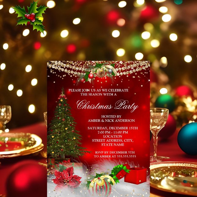 Convite Árvore de Natal Vermelho Dourado festa de Natal (Criador carregado)