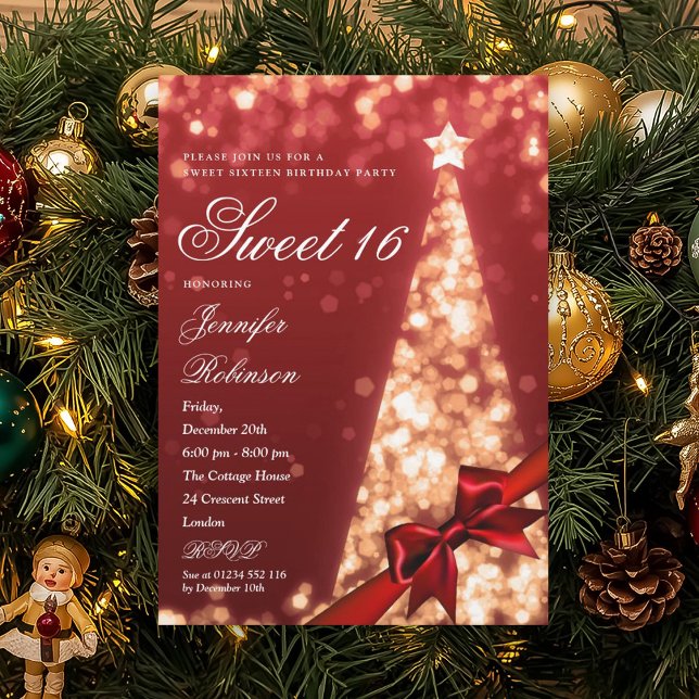 Convite Árvore de Natal Vermelho Dourado Moderno Arco de A (Modern Red Gold Xmas Tree Bow Sweet 16 Birthday Invitation)