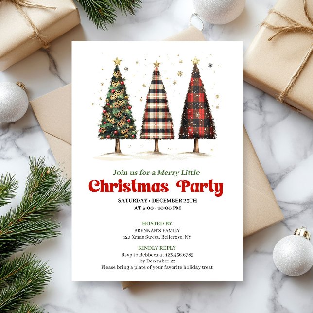 Convite Árvore de Natal xadrez de búfalo moderna para impr (Modern buffalo plaid Christmas tree printable invite)