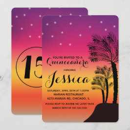 Convite Árvore de Palma do Pôr do Sol Tropical Quinceañera