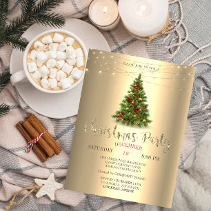Convite Árvore de Pinheiro Elegante, Luzes de Natal Dourad
