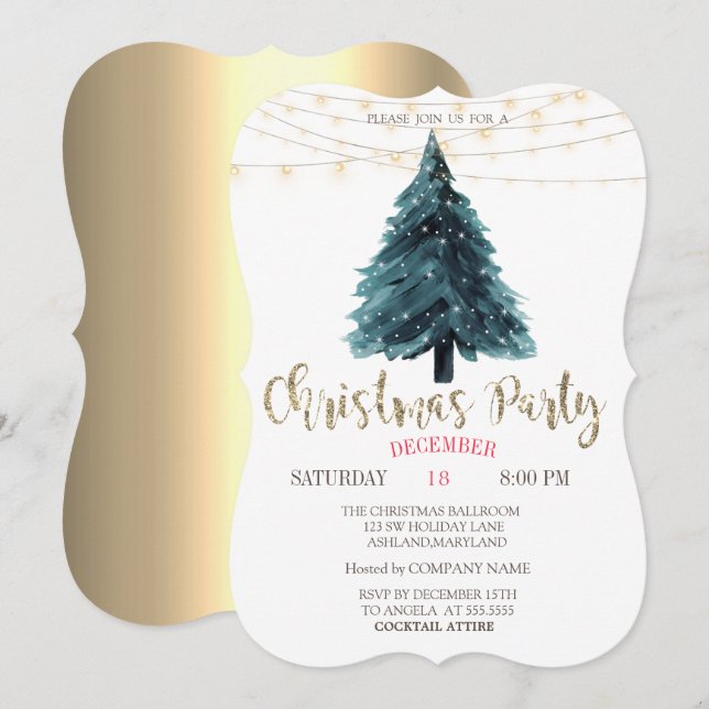 Convite Árvore de Pinheiro, Luzes Douradas Festa de Natal  (Frente/Verso)