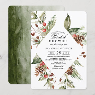 Convite Árvore de Pinheiro Verde de Inverno em Aquarela &