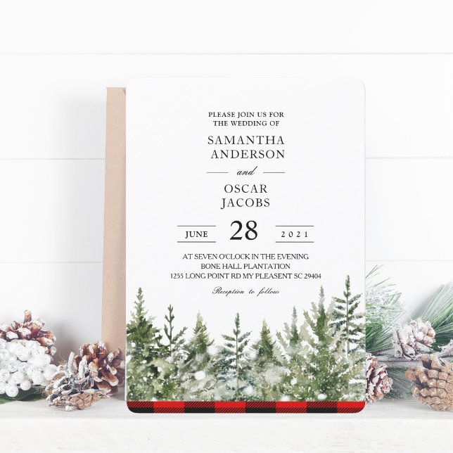 Convite Árvore de Pinheiro Verde em Aquarela  e Xadrez de  (Criador carregado)