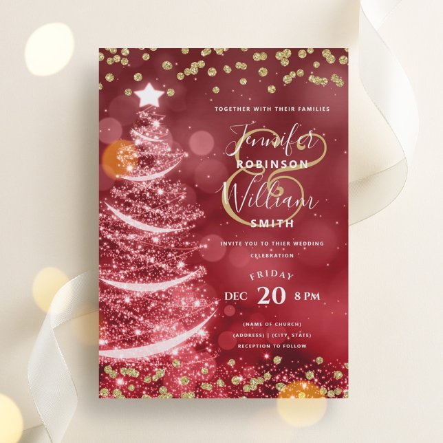 Convite Árvore de Sparkle de Casamento Vermelho Dourado de (Festive Christmas Gold Red Wedding Sparkle Tree Invitation)