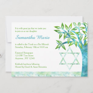 Convite Árvore de Vida em Aquarela Verde Azul Bat Mitzvah