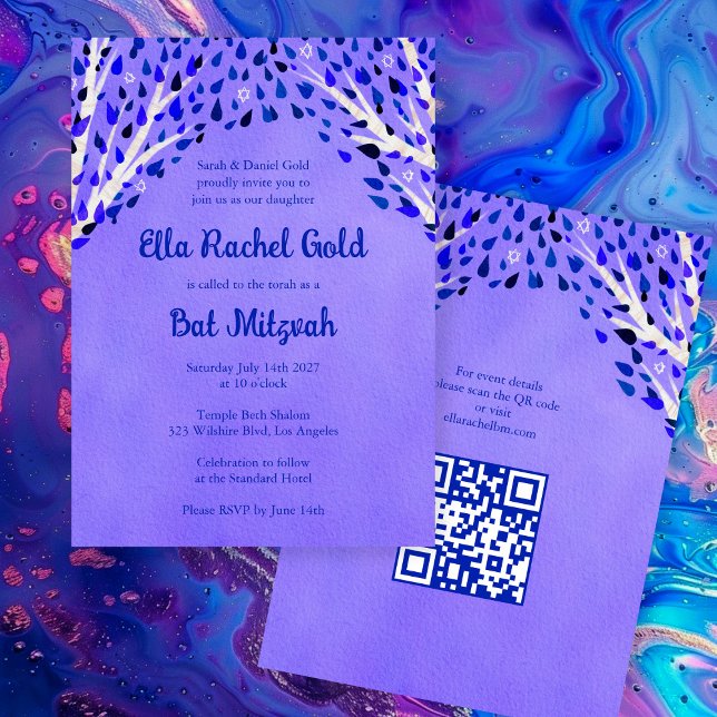 Convite Árvore de vida Stars Bar de Bat Personalizado Mitz (Tree of Life Stars Custom Bat Bar Mitzvah QR Code Girl Watercolor Purple Invitation
)