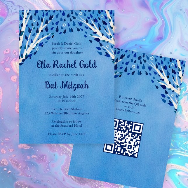 Convite Árvore de vida Stars Bar de Bat Personalizado Mitz (Tree of Life Stars Custom Bat Bar Mitzvah QR Code Watercolor Modern Invitation
)