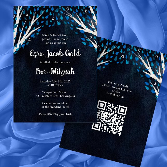 Convite Árvore de vida Stars Bar de Bat Personalizado Mitz (Tree of Life Stars Custom Bat Bar Mitzvah QR Code Custom Modern Watercolor Invitation
)
