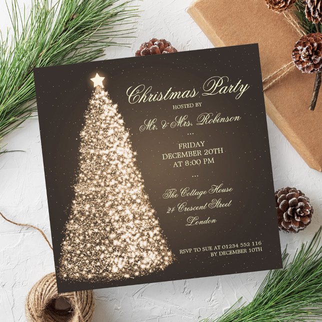 Convite Árvore Dourada da Festa de Natal Elegante (Elegant Christmas Party Gold Tree Invitation)