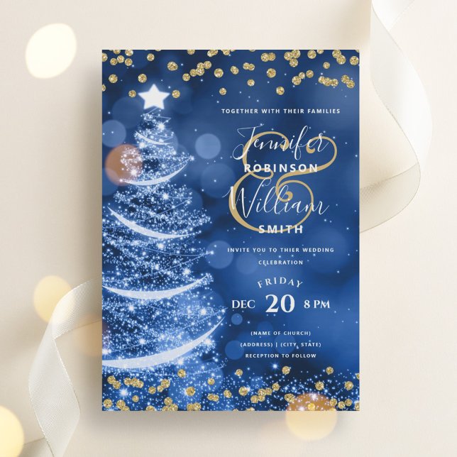 Convite Árvore Dourada de Casamento Azul Elegante (Elegant Festive Gold Blue Wedding Xmas Tree Invitation)