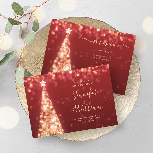 Convite Árvore Dourada de Casamento Vermelho Festivo de Na (Festive Xmas Tree Gold Red Wedding Menu Invitation)