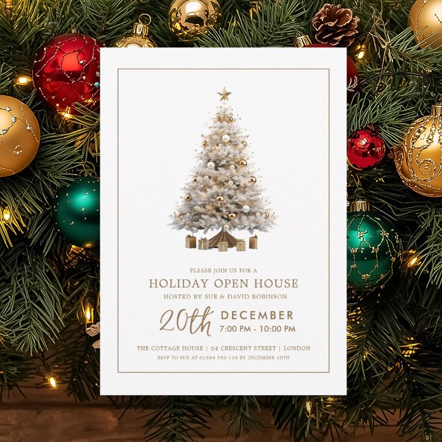 Convite Árvore Dourada de Natal para Casa Aberta Formal (Formal Christmas Holiday Open House Gold Tree Invitation)